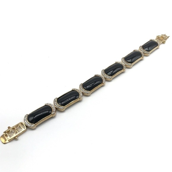SETA 925 Sterling Silver Gold Plated Vermeil Black Panel Clear CZ Bracelet 7.25" - Picture 3 of 7